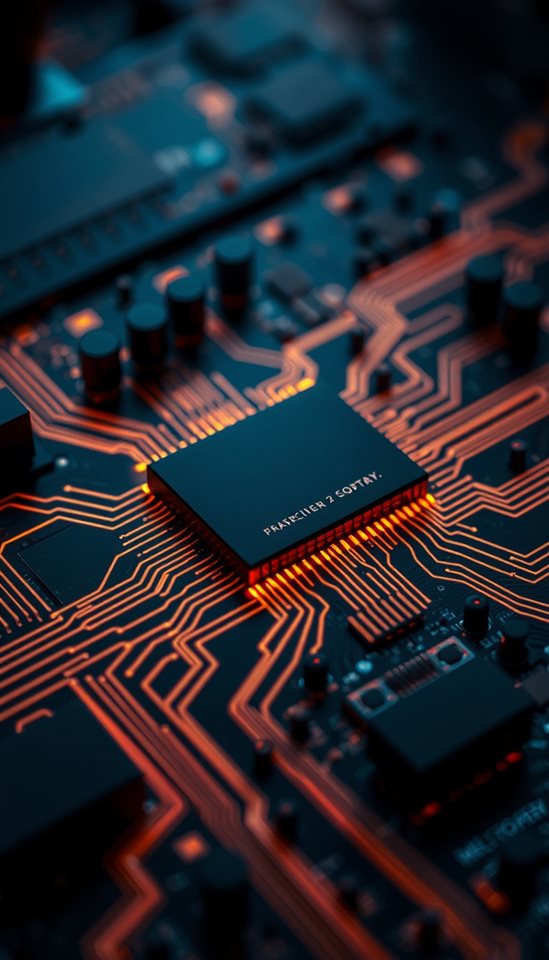 Photorealistic photo of Close-up of an advanced microchip with glowing neon circuit pathways on a dark motherboard, wide shot with open space at the top for text, moody dark tones, dramatic lighting, 9:16 aspect ratio