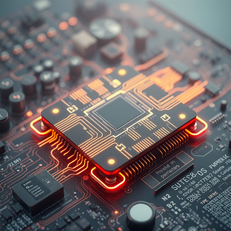 Soft 3D render of Close-up of an advanced microchip with glowing neon circuit pathways on a dark motherboard, high-angle view from above, misty morning haze, dreamy, 1:1 aspect ratio