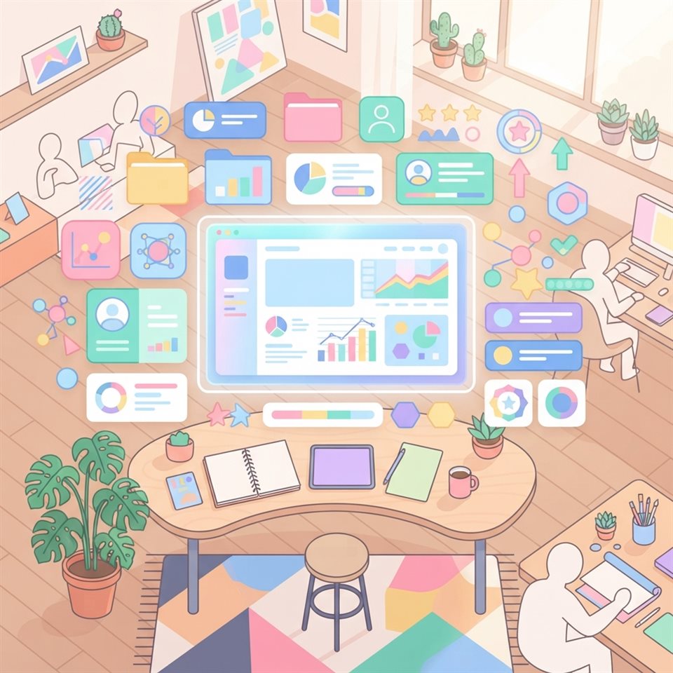 Minimal flat illustration of A vibrant digital interface displaying various colorful vector icons and abstract graphic elements floating in a modern studio setting, high-angle view from above, soft pastel colors, bright and cozy, 1:1 aspect ratio