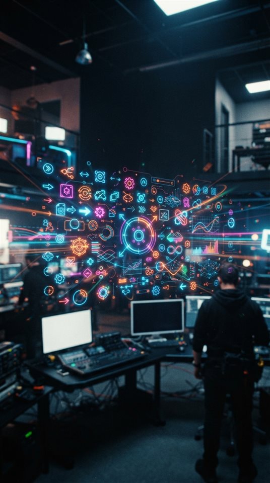 Cinematic film still of A vibrant digital interface displaying various colorful vector icons and abstract graphic elements floating in a modern studio setting, wide shot with open space at the top for text, vivid colors, high contrast, energetic, 9:16 aspect ratio