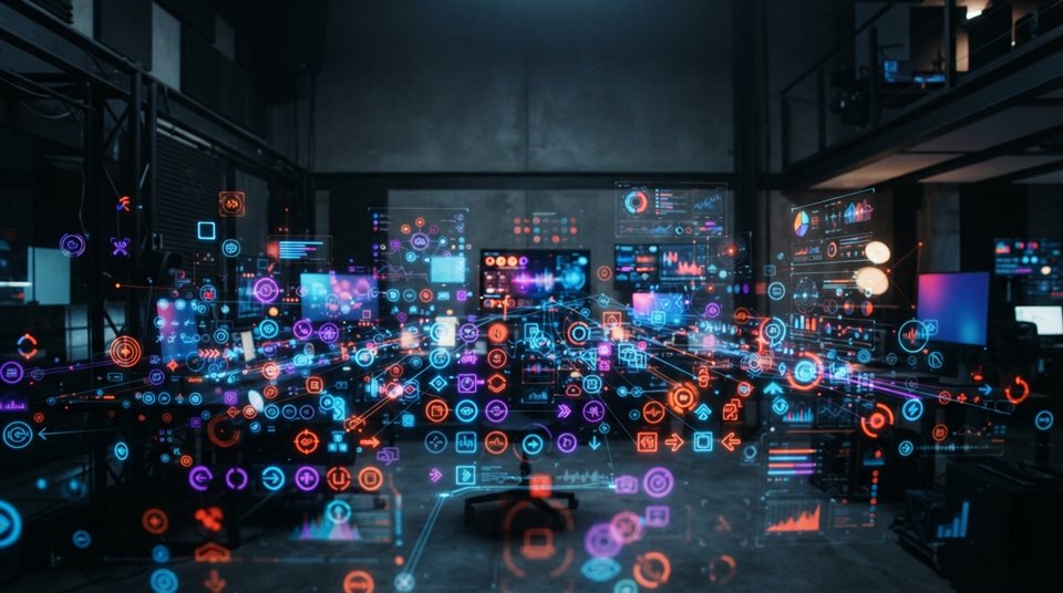 Photorealistic photo of A vibrant digital interface displaying various colorful vector icons and abstract graphic elements floating in a modern studio setting, wide shot with open space at the top for text, moody dark tones, dramatic lighting, 16:9 aspect ratio