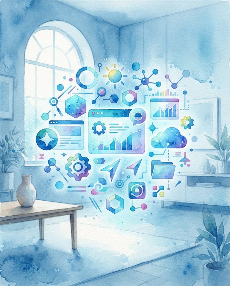 Watercolor illustration of A vibrant digital interface displaying various colorful vector icons and abstract graphic elements floating in a modern studio setting, centered subject with a simple uncluttered composition, cool blue tones, quiet atmosphere, 4:5 aspect ratio