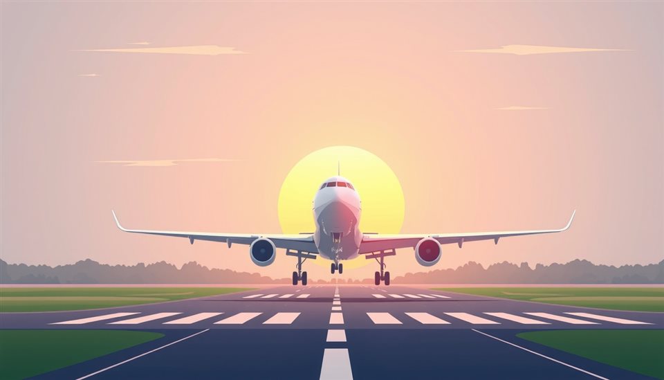 Minimal flat illustration of A large passenger airplane taking off into a bright sunrise sky from a runway, close-up detail with shallow depth of field, soft pastel colors, bright and cozy, 16:9 aspect ratio
