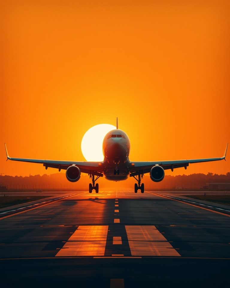 Cinematic film still of A large passenger airplane taking off into a bright sunrise sky from a runway, centered subject with a simple uncluttered composition, vivid colors, high contrast, energetic, 4:5 aspect ratio