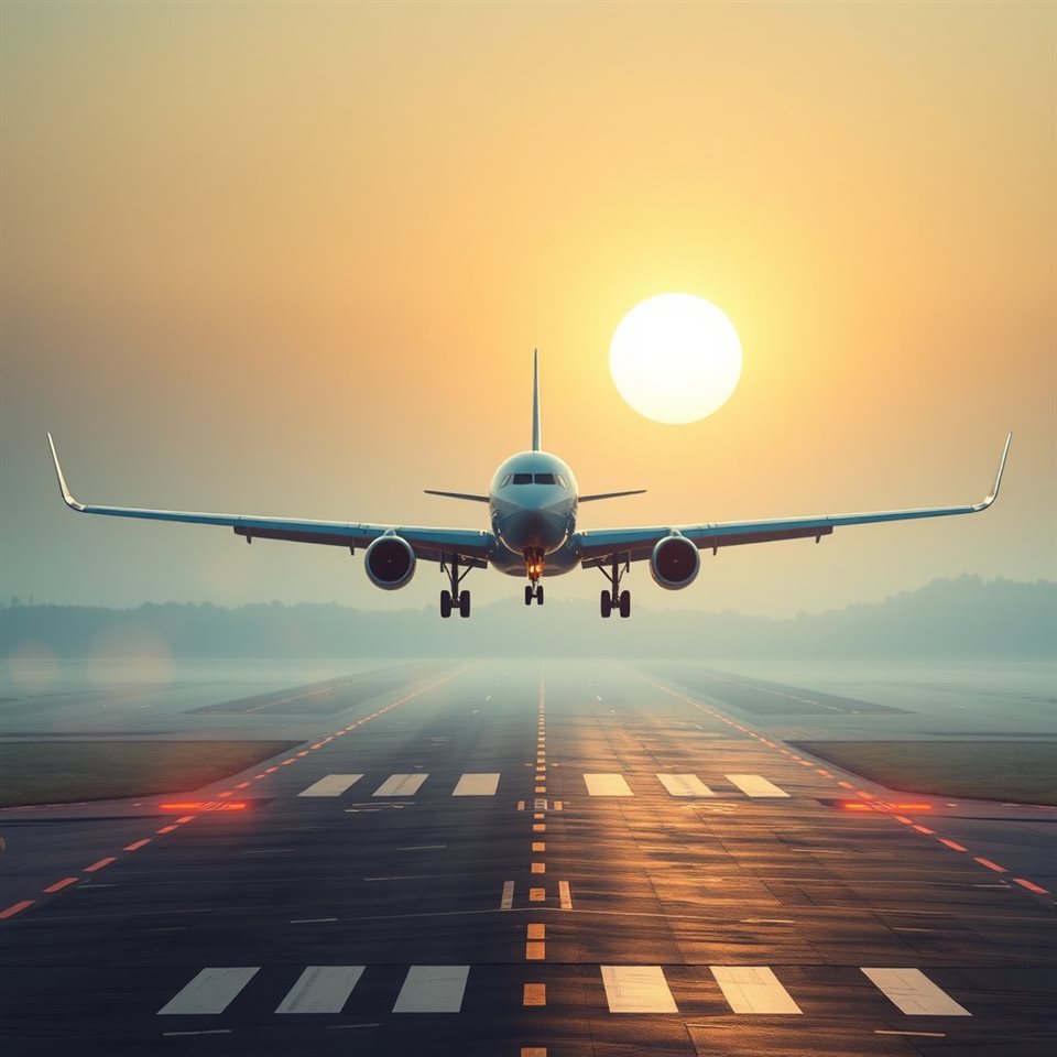 Soft 3D render of A large passenger airplane taking off into a bright sunrise sky from a runway, high-angle view from above, misty morning haze, dreamy, 1:1 aspect ratio