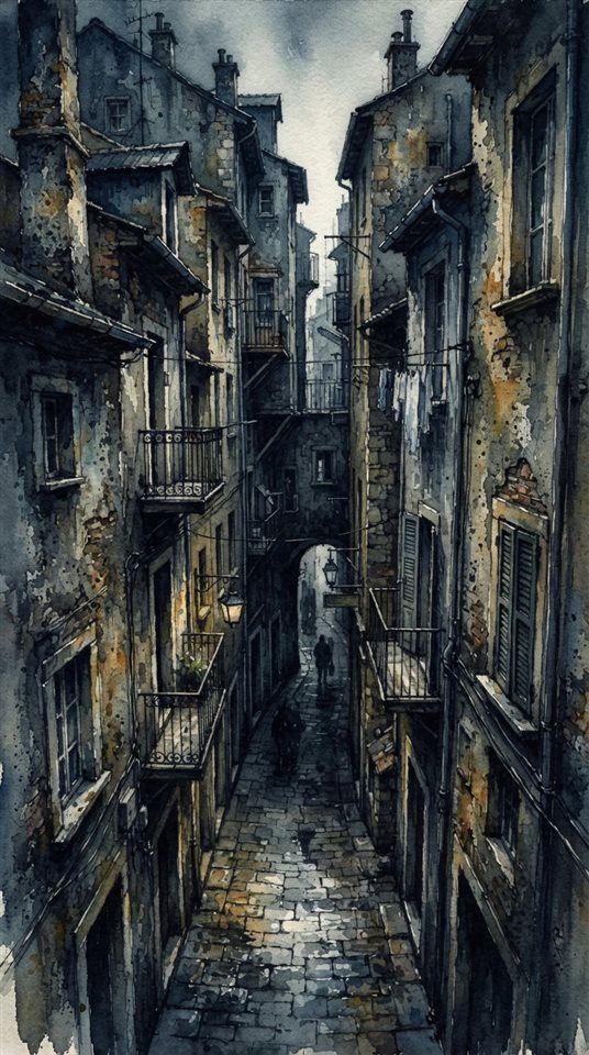 Watercolor illustration of narrow alley with old buildings, high-angle view from above, moody dark tones, dramatic lighting, 9:16 aspect ratio