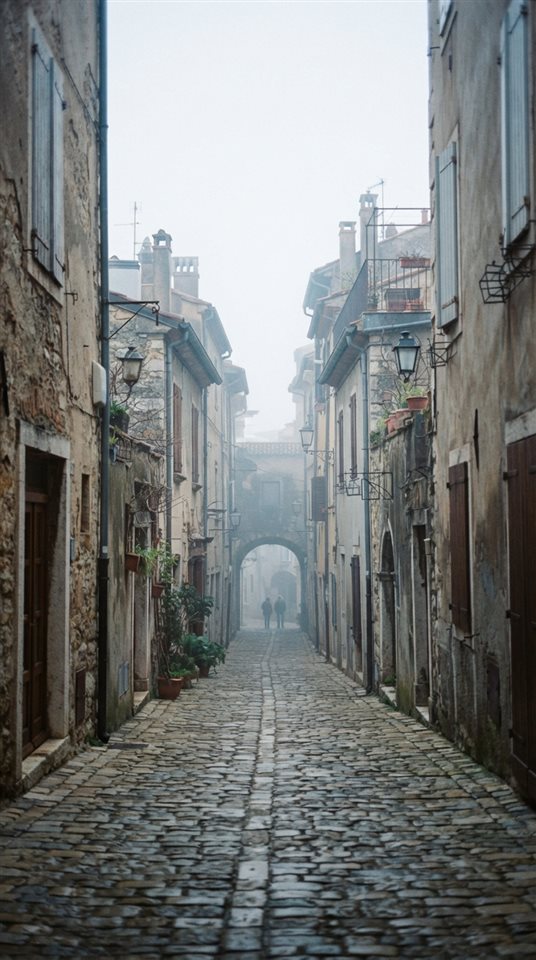 Cinematic film still of narrow alley with old buildings, wide shot with open space at the top for text, misty morning haze, dreamy, 9:16 aspect ratio