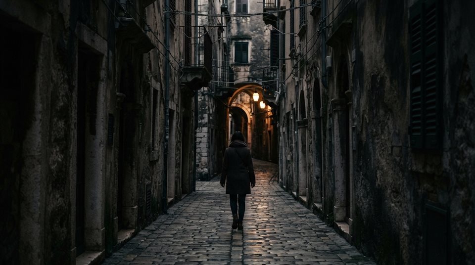 Photorealistic photo of narrow alley with old buildings, centered subject with a simple uncluttered composition, moody dark tones, dramatic lighting, 16:9 aspect ratio