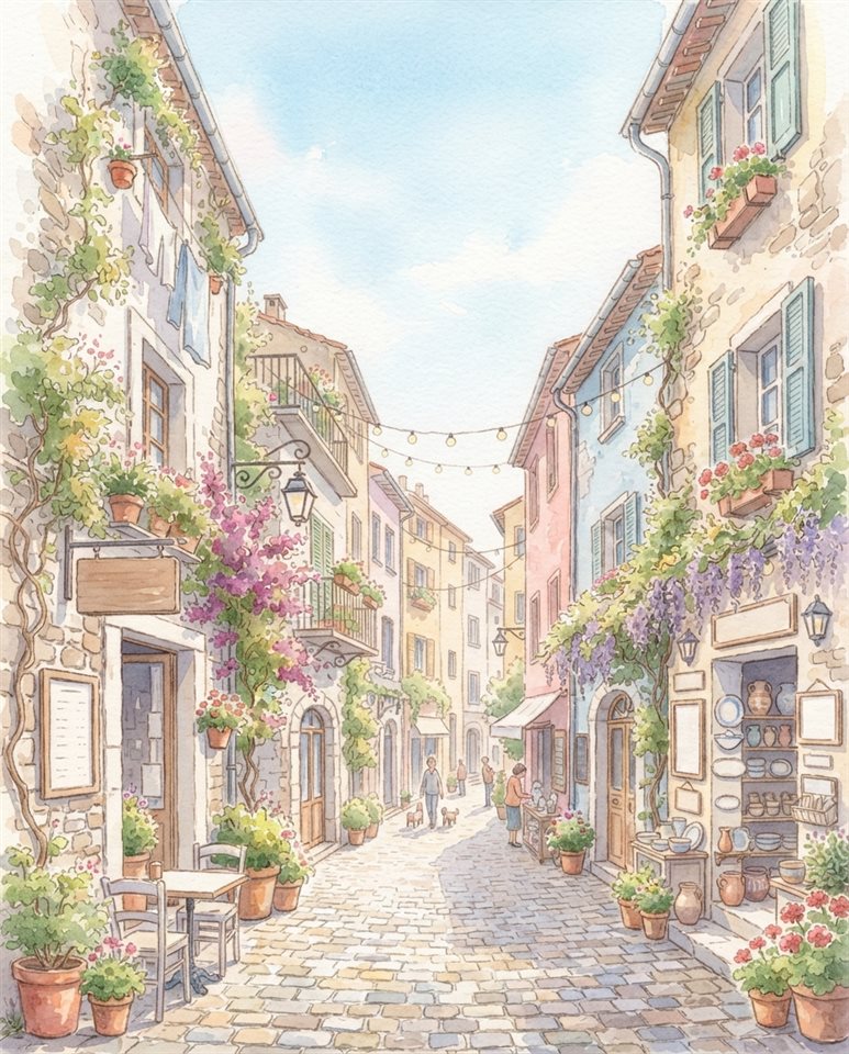 Watercolor illustration of narrow alley with old buildings, wide shot with open space at the top for text, soft pastel colors, bright and cozy, 4:5 aspect ratio