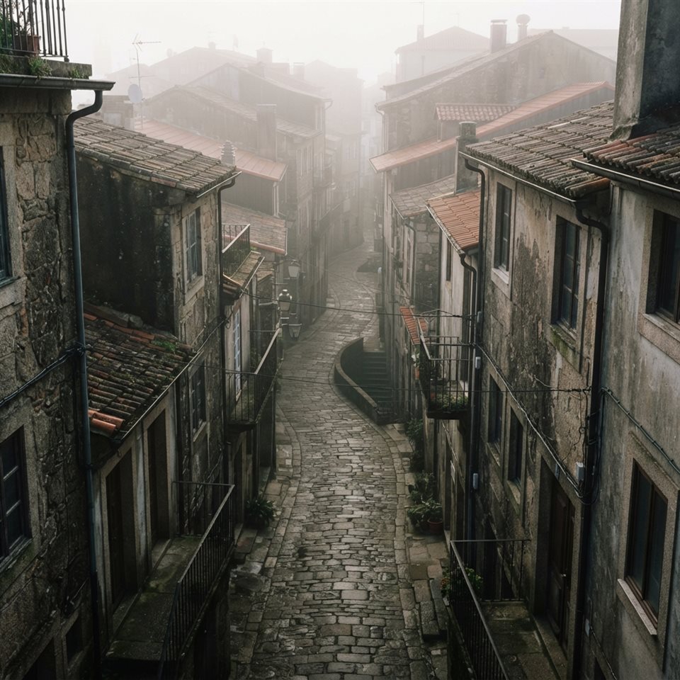 Photorealistic photo of narrow alley with old buildings, high-angle view from above, misty morning haze, dreamy, 1:1 aspect ratio
