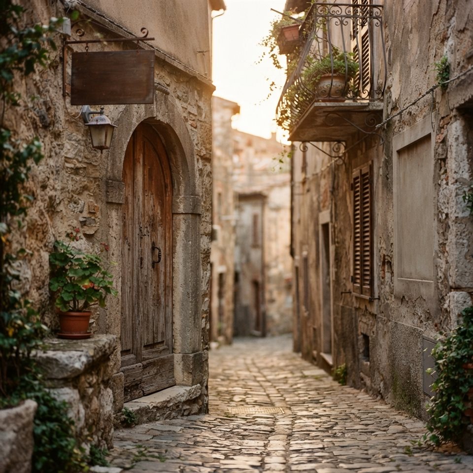 Photorealistic photo of narrow alley with old buildings, close-up detail with shallow depth of field, warm golden light, calm mood, 1:1 aspect ratio