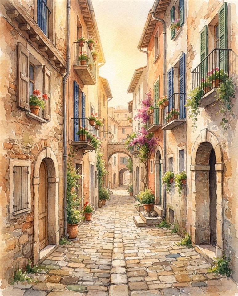 Watercolor illustration of narrow alley with old buildings, centered subject with a simple uncluttered composition, warm golden light, calm mood, 4:5 aspect ratio