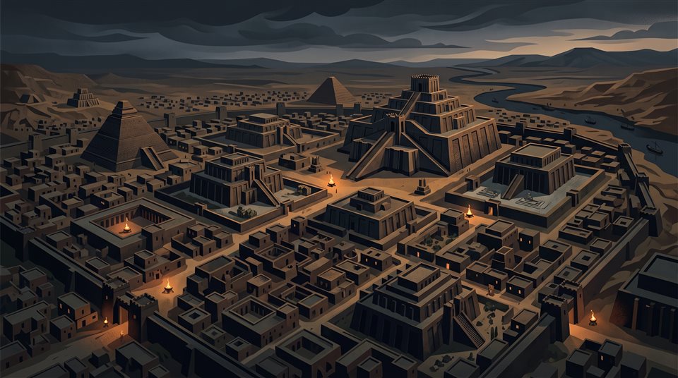 Ilustración plana minimalista de una ciudad antigua con templos y pirámides, vista cenital desde arriba, tonos oscuros melancólicos, iluminación dramática, 16:9 aspect ratio