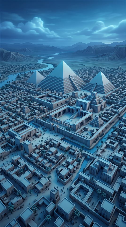 有神廟與金字塔的古代城市柔和3D渲染，高角度俯瞰視角，冷藍色調，寧靜氣氛，9:16比例