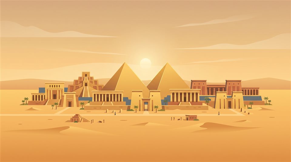 Ilustración plana minimalista de una ciudad antigua con templos y pirámides, sujeto centrado con una composición simple y despejada, luz dorada cálida, ambiente tranquilo, 16:9 aspect ratio