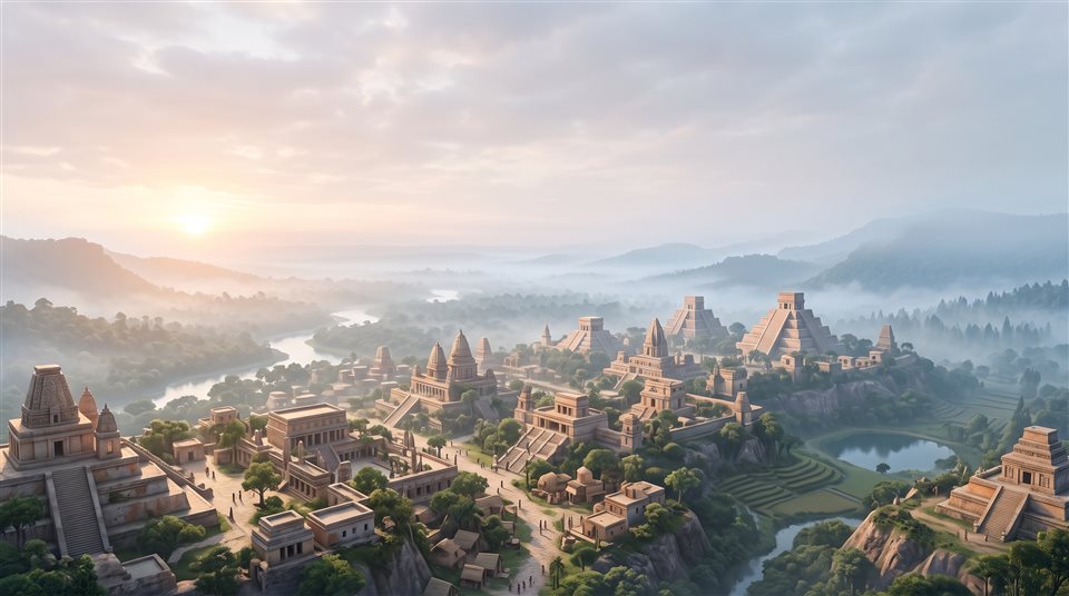 有神殿與金字塔的古代城市，柔和3D渲染，上方留有文字空間的寬景構圖，晨間薄霧，夢幻氛圍，16:9比例