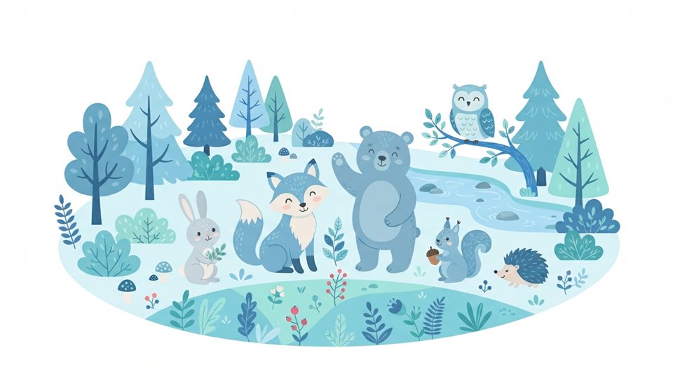 Flat vector illustration on a plain white background of friendly forest animals, cheerful scene with gentle details, cool blue tones, quiet atmosphere, 16:9 aspect ratio