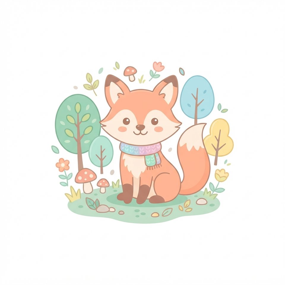 Flat vector illustration on a plain white background of friendly forest animals, isolated single subject, centered, soft pastel colors, bright and cozy, 1:1 aspect ratio