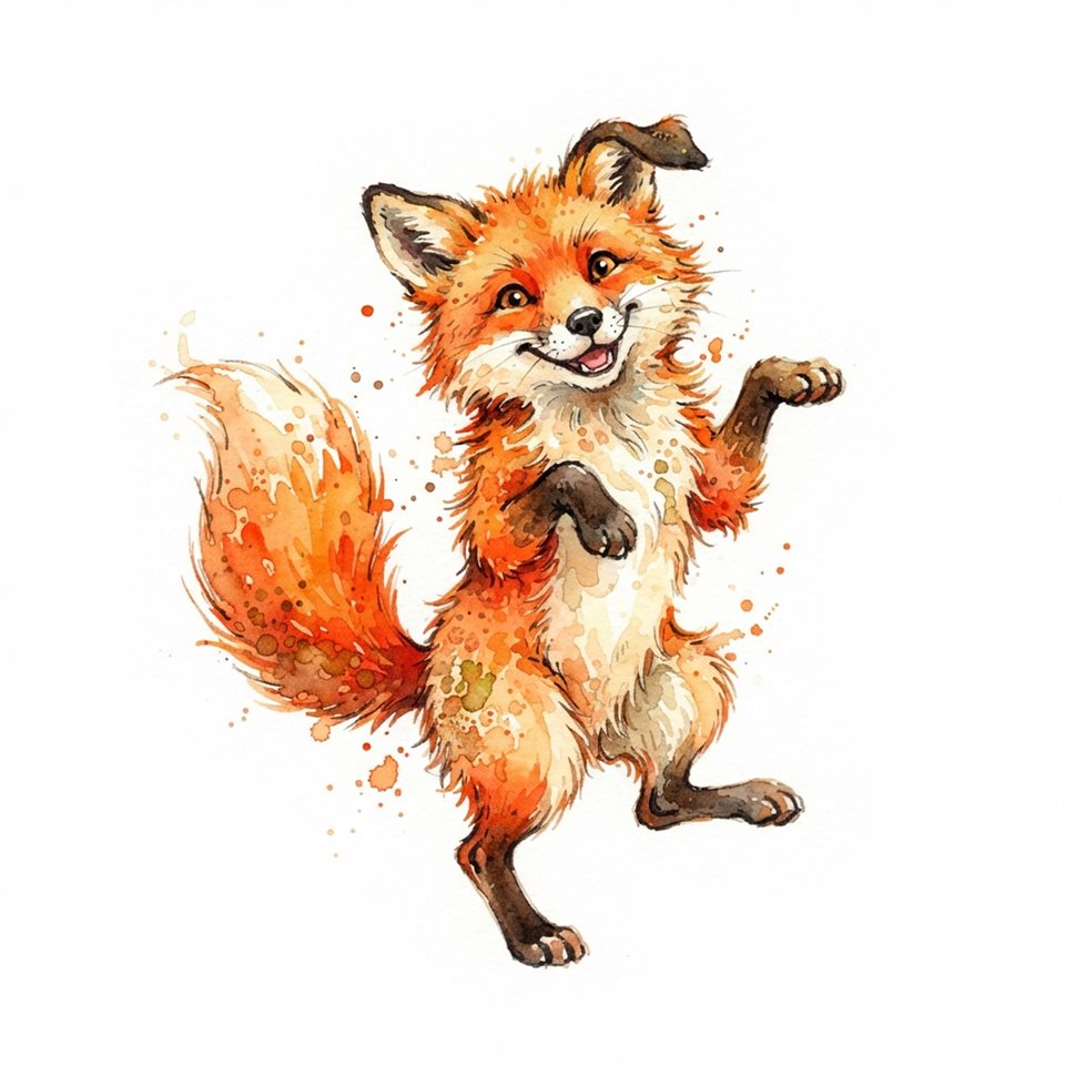 Watercolor illustration on a plain white background of friendly forest animals, isolated single subject, centered, vivid colors, high contrast, energetic, 1:1 aspect ratio