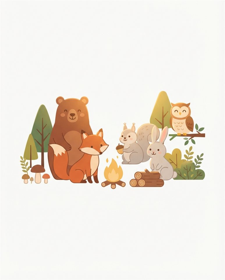 Flat vector illustration on a plain white background of friendly forest animals, simple icon-like composition, warm golden light, calm mood, 4:5 aspect ratio