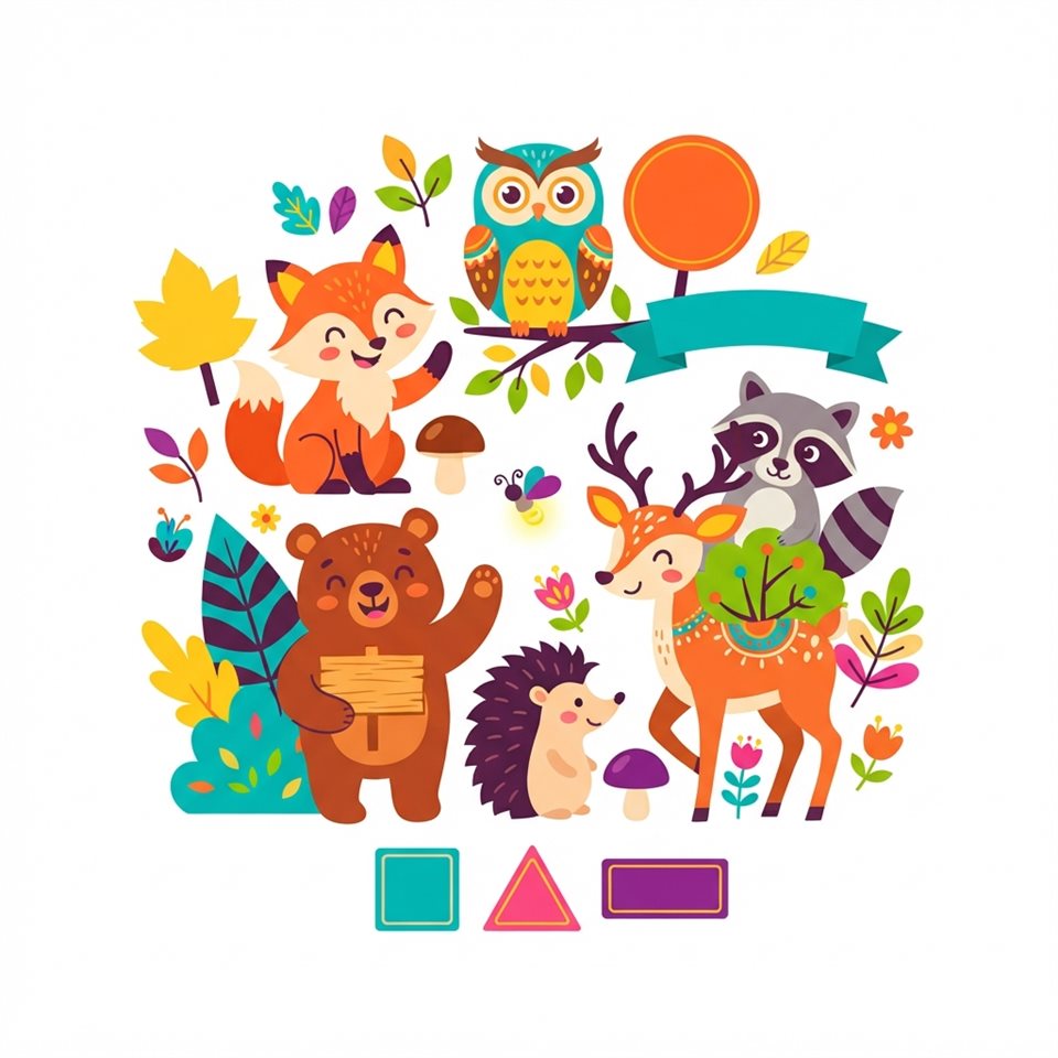 Flat vector illustration on a plain white background of friendly forest animals, small set of several items arranged neatly, vivid colors, high contrast, energetic, 1:1 aspect ratio