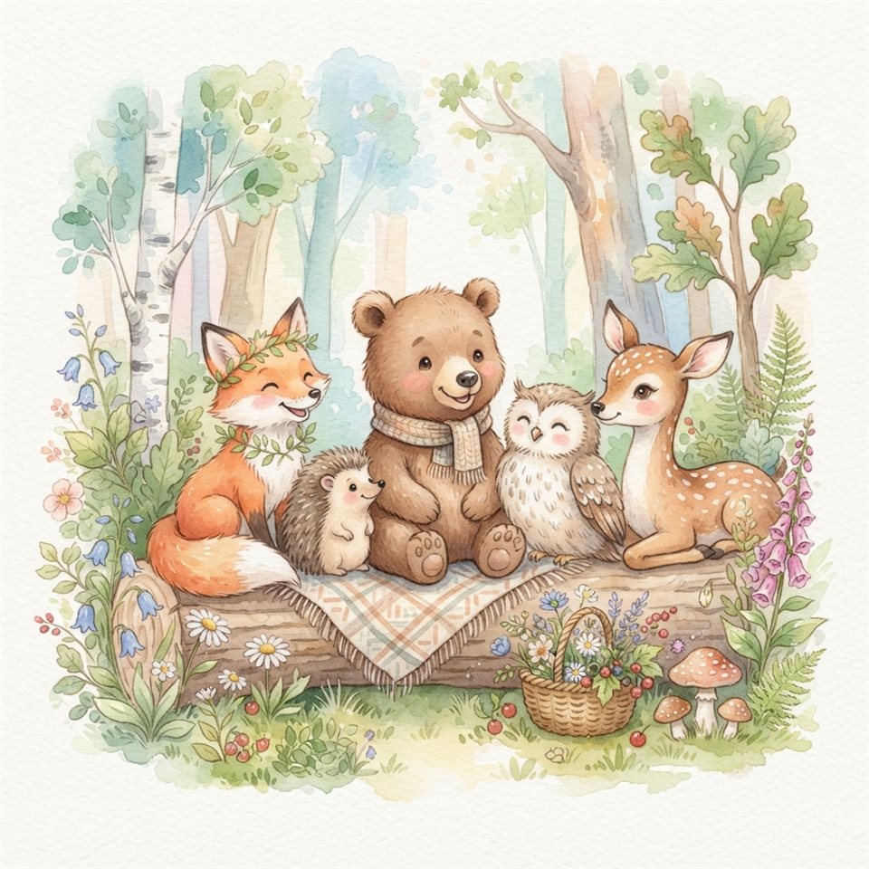 친근한 숲속 동물들, 흰 배경 수채화 일러스트, 밝은 장면과 부드러운 디테일, 부드러운 파스텔 색감, 밝고 포근한 분위기, 1:1 비율