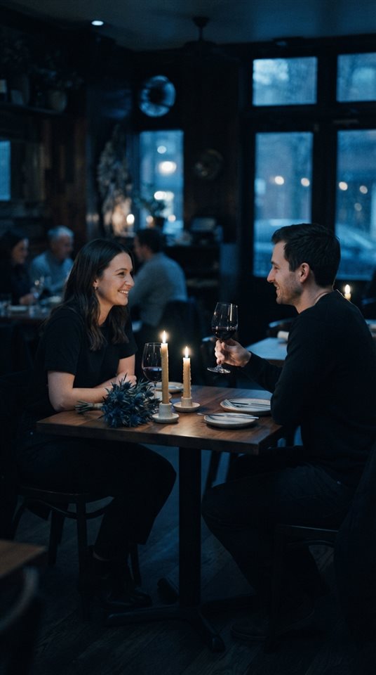Cinematic film still of a romantic anniversary dinner table, centered subject with a simple uncluttered composition, cool blue tones, quiet atmosphere, 9:16 aspect ratio
