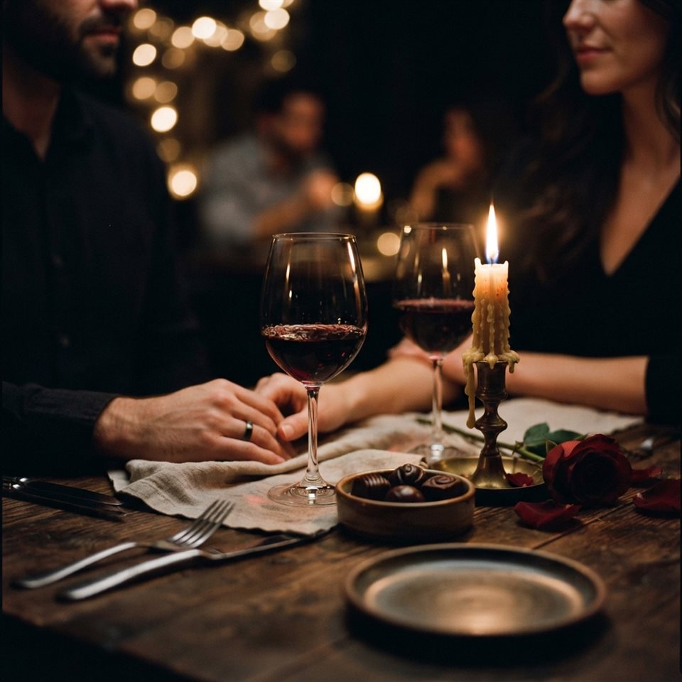 Foto fotorrealista de uma mesa de jantar romântica de aniversário, detalhe em close-up com pequena profundidade de campo, tons escuros melancólicos, iluminação dramática, proporção 1:1