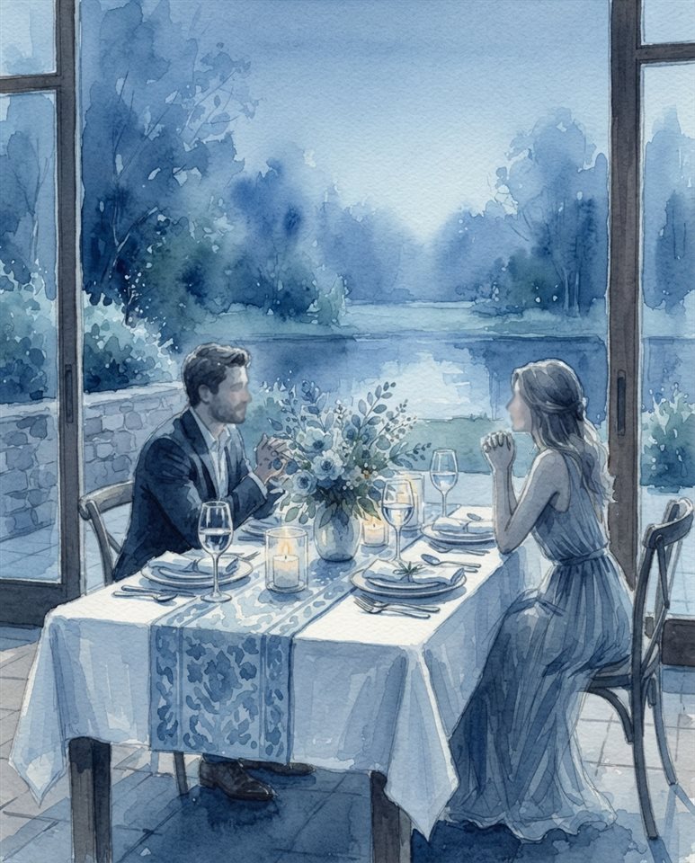 Watercolor illustration of a romantic anniversary dinner table, wide shot with open space at the top for text, cool blue tones, quiet atmosphere, 4:5 aspect ratio