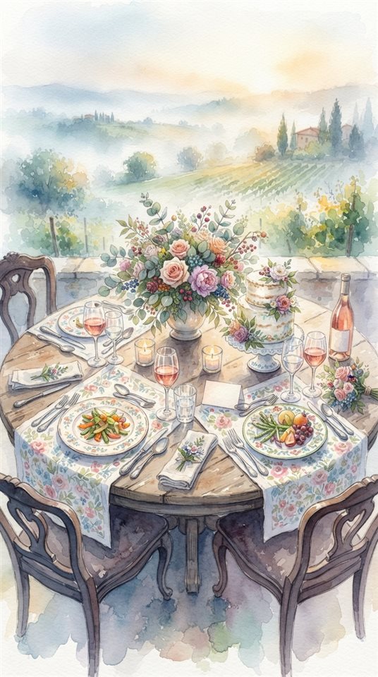 Watercolor illustration of a romantic anniversary dinner table, high-angle view from above, misty morning haze, dreamy, 9:16 aspect ratio
