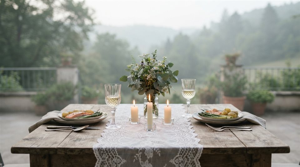 Photorealistic photo of a romantic anniversary dinner table, centered subject with a simple uncluttered composition, misty morning haze, dreamy, 16:9 aspect ratio