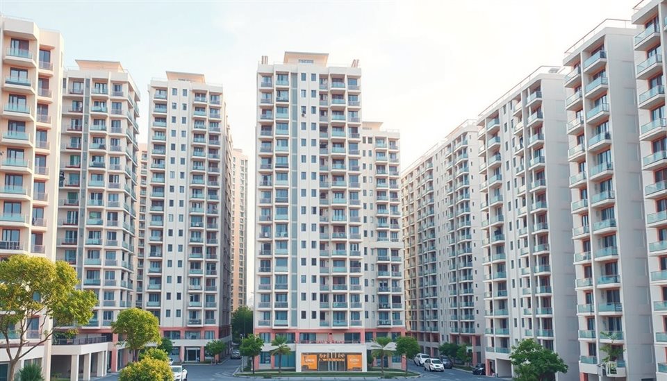 Minimal flat illustration of Modern high-rise residential apartment buildings standing tall against a clear daylight sky, high-angle view from above, soft pastel colors, bright and cozy, 16:9 aspect ratio