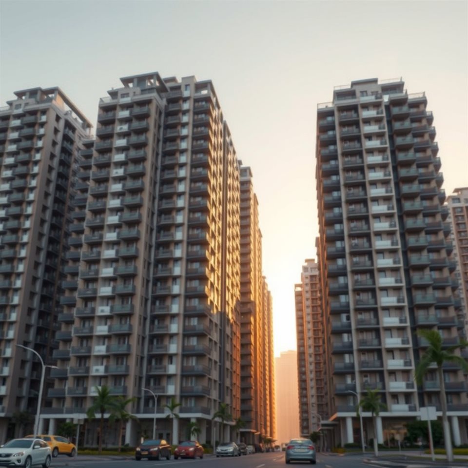 Photorealistic photo of Modern high-rise residential apartment buildings standing tall against a clear daylight sky, close-up detail with shallow depth of field, warm golden light, calm mood, 1:1 aspect ratio