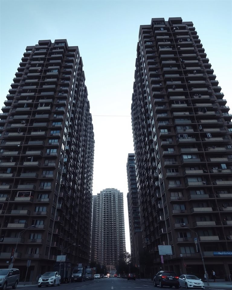 Photorealistic photo of Modern high-rise residential apartment buildings standing tall against a clear daylight sky, wide shot with open space at the top for text, moody dark tones, dramatic lighting, 4:5 aspect ratio