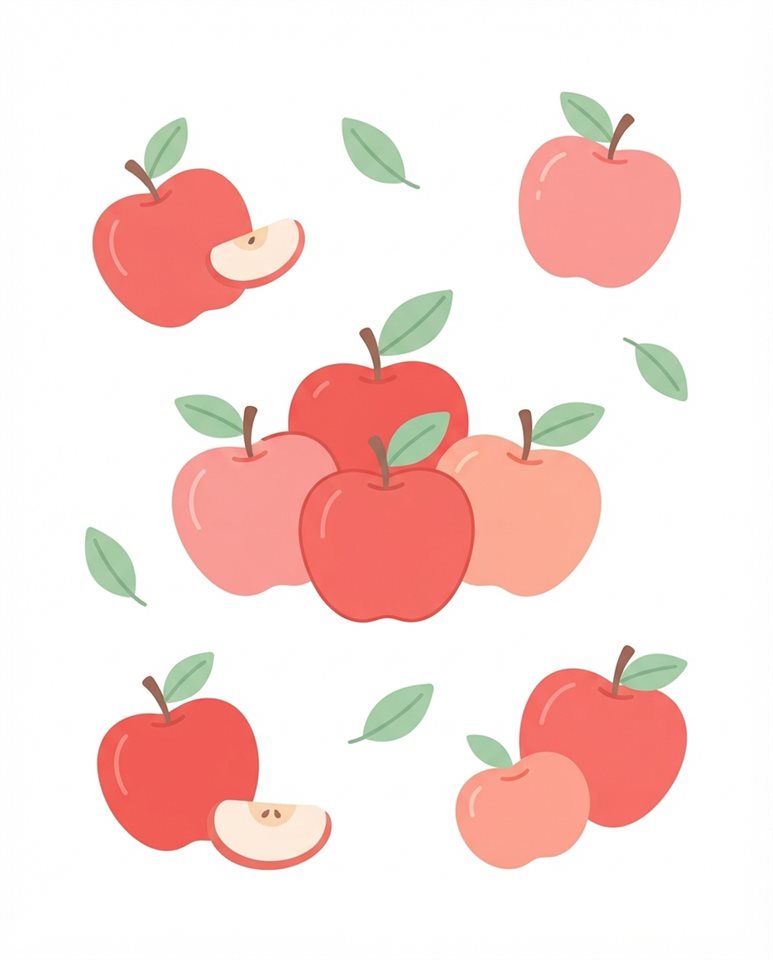 Flat vector illustration on a plain white background of red apples, simple icon-like composition, soft pastel colors, bright and cozy, 4:5 aspect ratio
