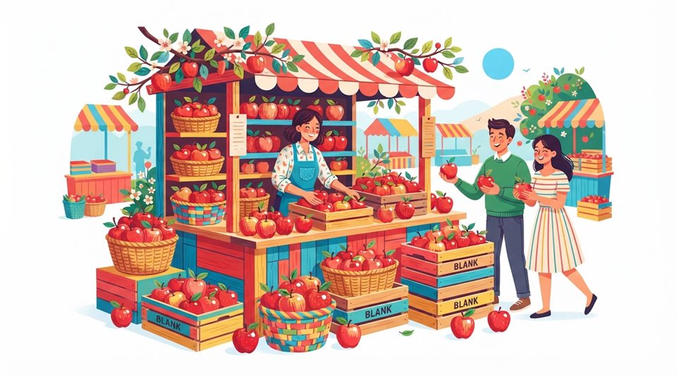 Flat vector illustration on a plain white background of red apples, cheerful scene with gentle details, vivid colors, high contrast, energetic, 16:9 aspect ratio