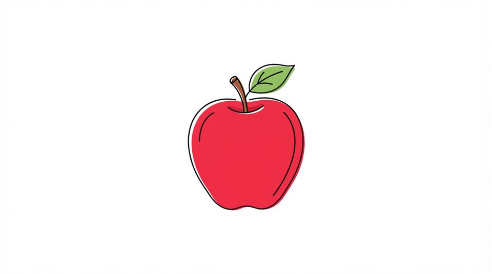 Simple line art with soft colors on a plain white background of red apples, isolated single subject, centered, vivid colors, high contrast, energetic, 16:9 aspect ratio