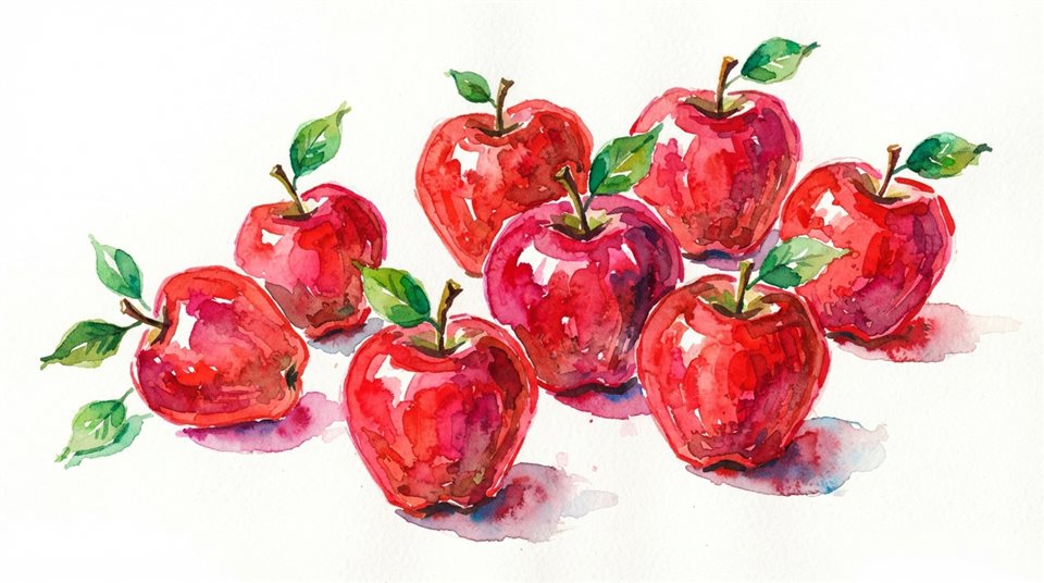 Watercolor illustration on a plain white background of red apples, simple icon-like composition, vivid colors, high contrast, energetic, 16:9 aspect ratio