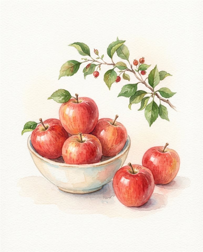 Watercolor illustration on a plain white background of red apples, small set of several items arranged neatly, soft pastel colors, bright and cozy, 4:5 aspect ratio
