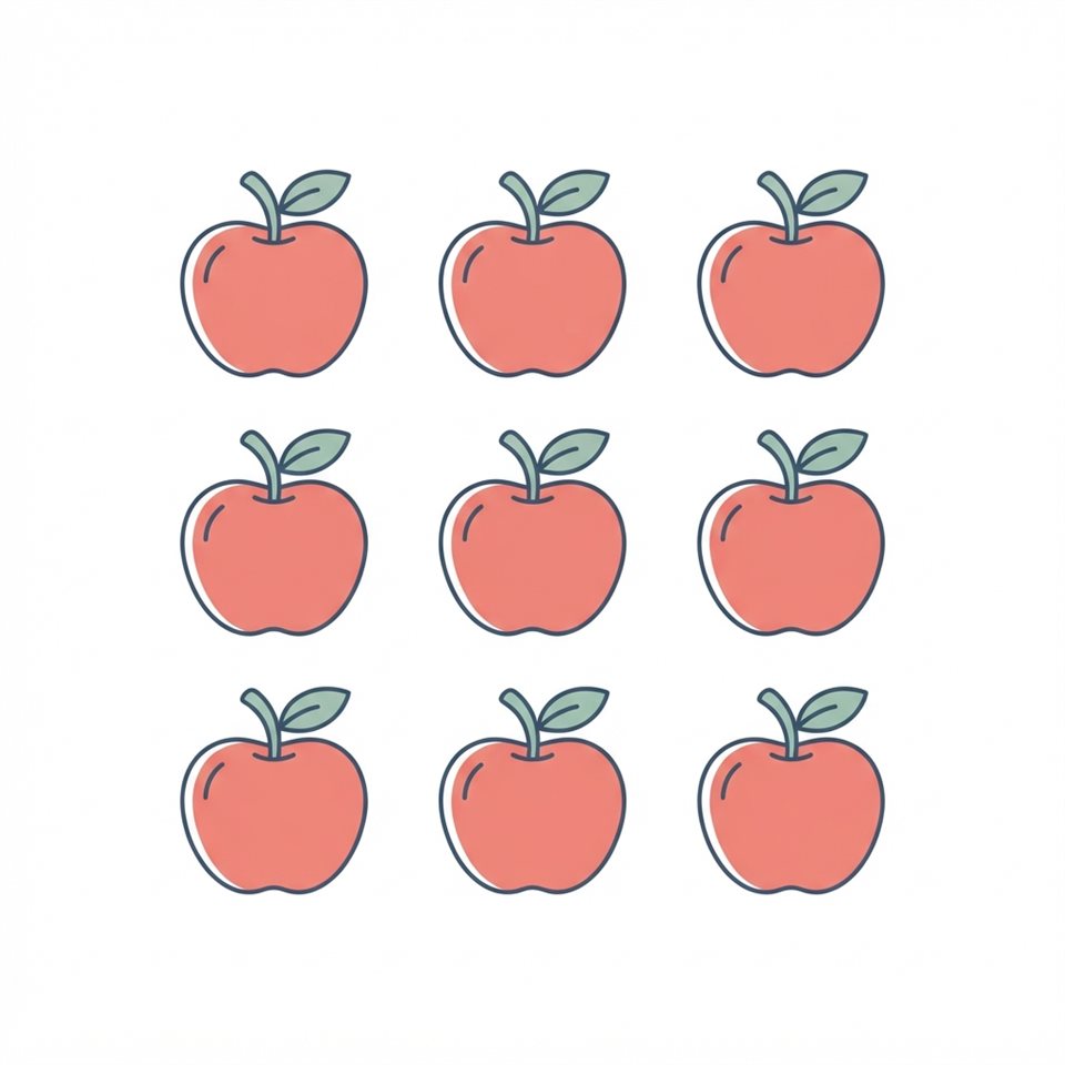 Simple line art with soft colors on a plain white background of red apples, simple icon-like composition, cool blue tones, quiet atmosphere, 1:1 aspect ratio