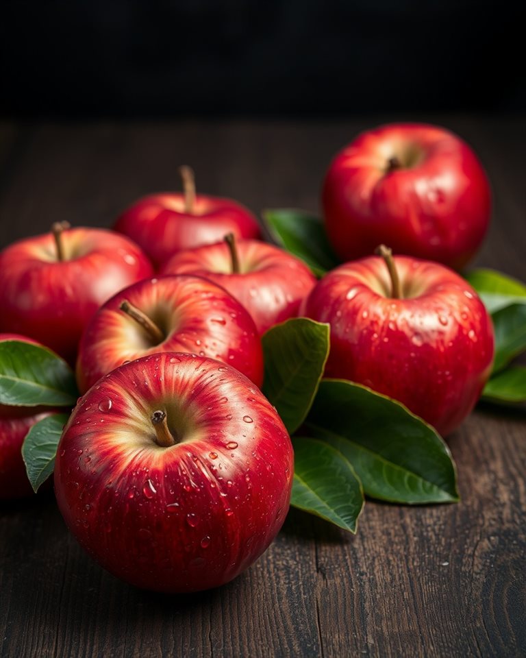 Photorealistic photo of Fresh red apples with water droplets resting on a rustic wooden surface with green leaves, wide shot with open space at the top for text, moody dark tones, dramatic lighting, 4:5 aspect ratio