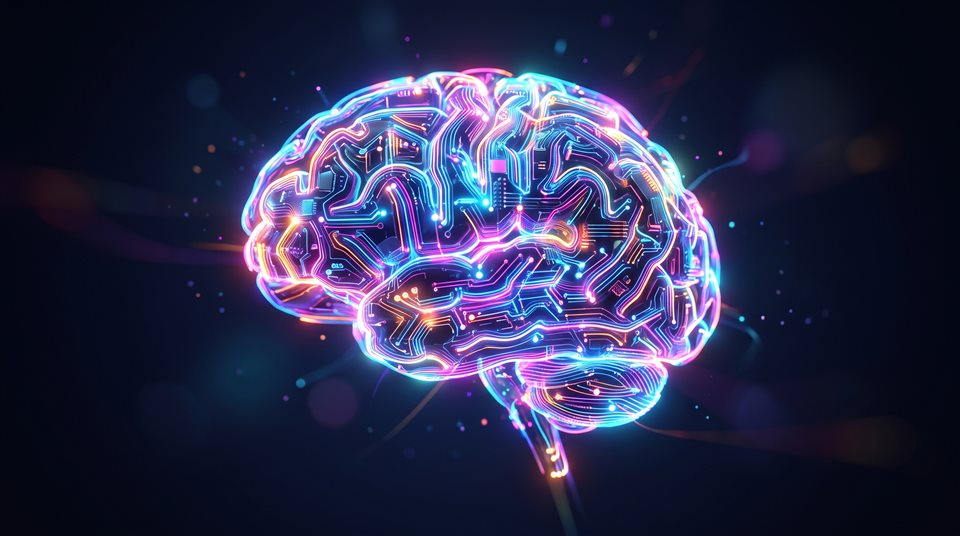 回路でできた光るAI脳の柔らかな3Dレンダリング、シンプルですっきりした構図の中央に配置された被写体、鮮やかな色彩、強いコントラスト、エネルギッシュな雰囲気、16:9 アスペクト比
