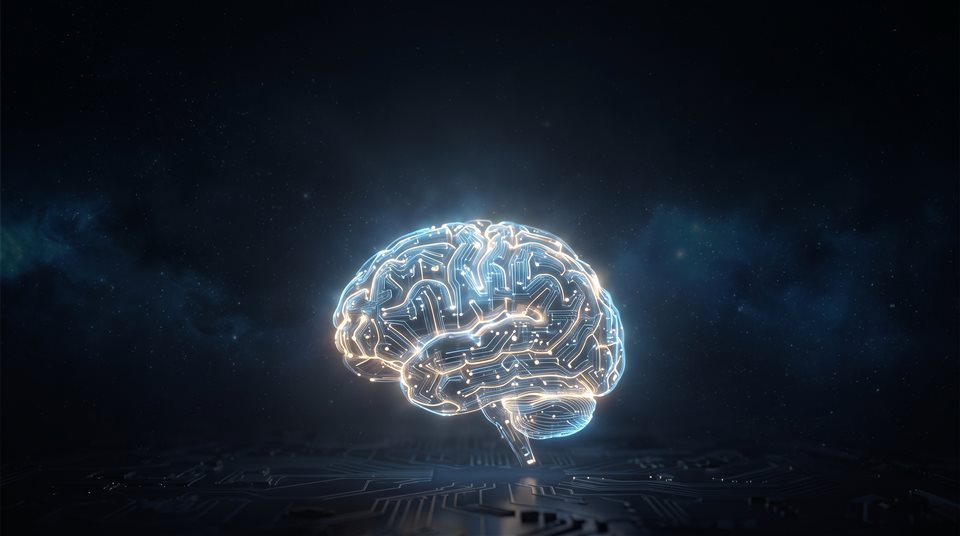 Renderização 3D suave de cérebro de IA brilhante feito de circuitos, tomada ampla com espaço aberto na parte superior para texto, tons escuros melancólicos, iluminação dramática, proporção 16:9