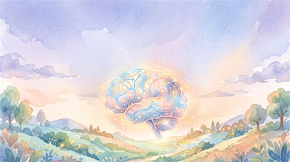 由電路組成的發光AI大腦水彩插畫，上方留有文字空間的寬景構圖，柔和粉嫩色彩，明亮舒適，16:9比例