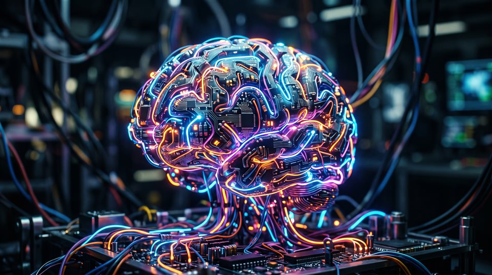 Fotograma de película cinematográfica de un cerebro de IA brillante hecho de circuitos, detalle en primer plano con poca profundidad de campo, colores vivos, alto contraste, enérgico, relación de aspecto 16:9