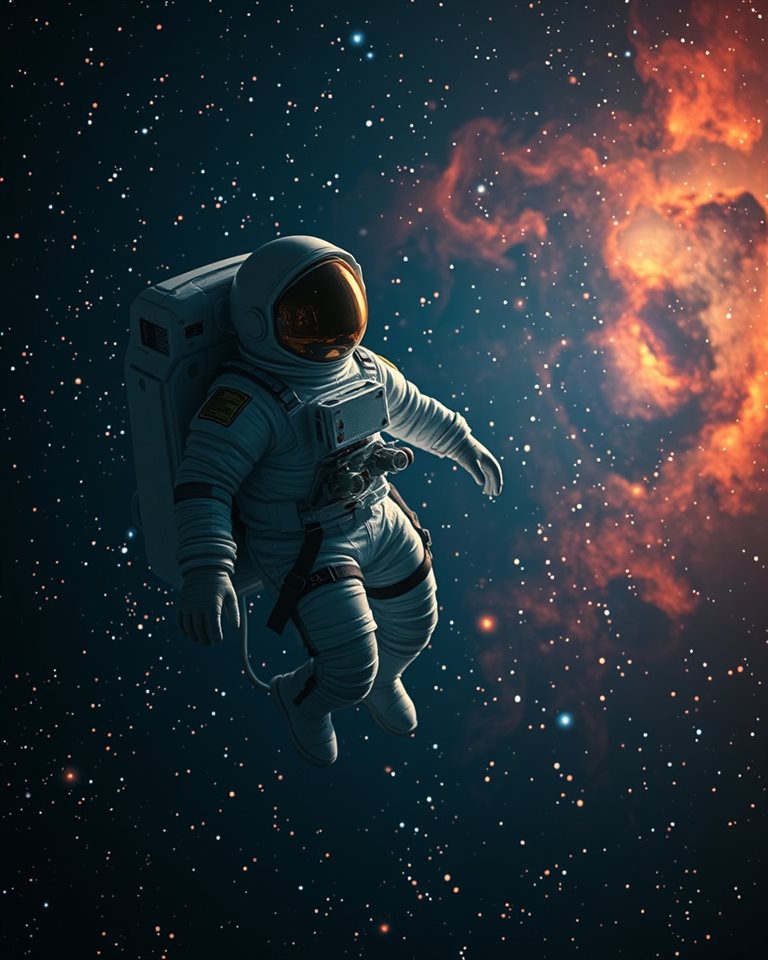 Cinematic film still of A detailed astronaut suit floating in deep space with glowing stars and a nebula, wide shot with open space at the top for text, vivid colors, high contrast, energetic, 4:5 aspect ratio