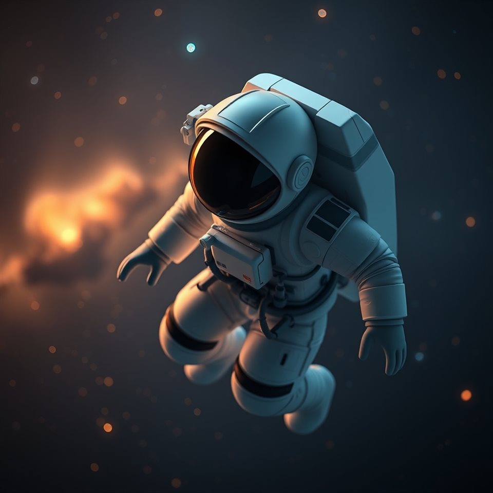 Soft 3D render of A detailed astronaut suit floating in deep space with glowing stars and a nebula, close-up detail with shallow depth of field, misty morning haze, dreamy, 1:1 aspect ratio