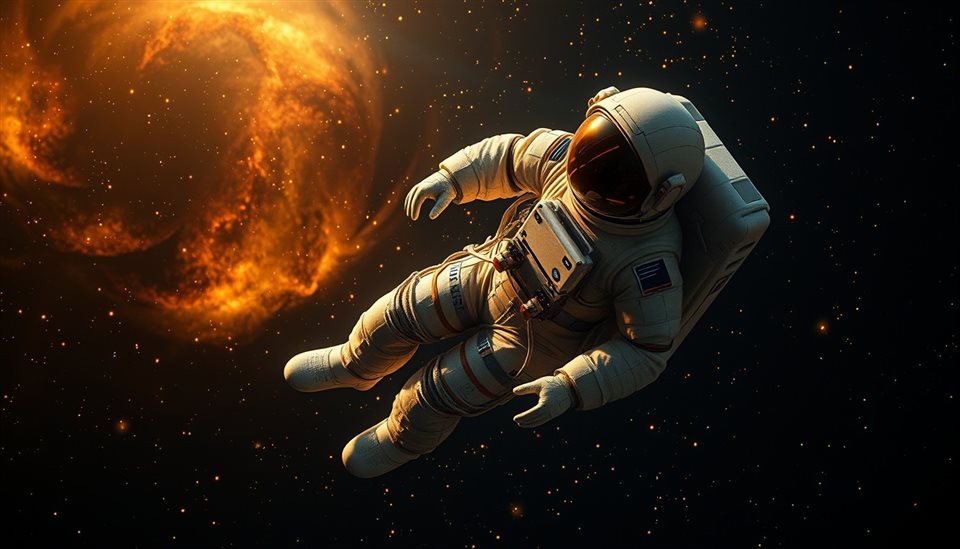 Photorealistic photo of A detailed astronaut suit floating in deep space with glowing stars and a nebula, high-angle view from above, warm golden light, calm mood, 16:9 aspect ratio