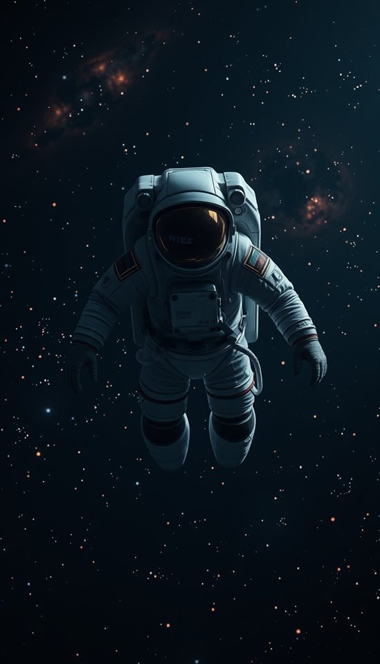 Photorealistic photo of A detailed astronaut suit floating in deep space with glowing stars and a nebula, centered subject with a simple uncluttered composition, moody dark tones, dramatic lighting, 9:16 aspect ratio