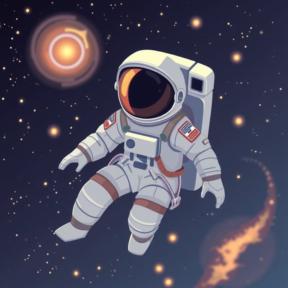 Minimal flat illustration of A detailed astronaut suit floating in deep space with glowing stars and a nebula, close-up detail with shallow depth of field, soft pastel colors, bright and cozy, 1:1 aspect ratio